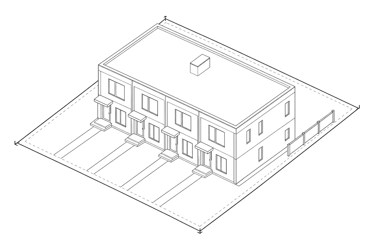 Line drawing of a two-storey, four-unit multiplex on its lot, with the four lot corners marked