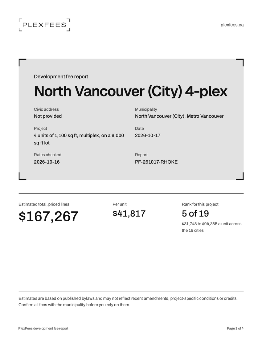 Report cover: Development fee report for a North Vancouver (City) 4-plex, with the estimated total and per-unit cost